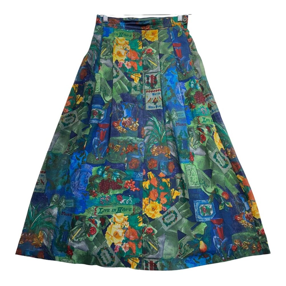 Geiger Vintage 90s Floral Art Print Pleated A-Line Skirt Size 36 Wool Blend